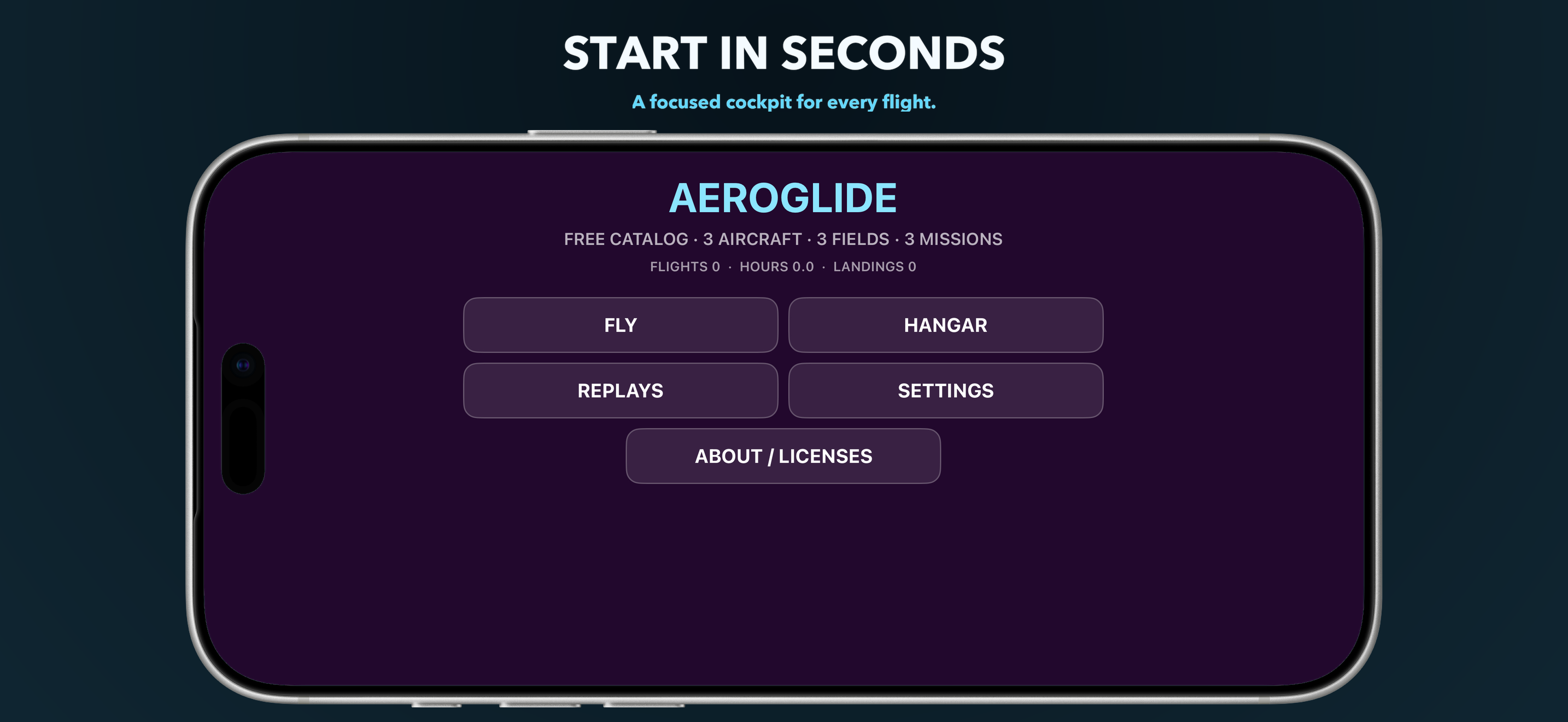 AeroGlide main menu with Fly, Hangar, Replays, and Settings choices