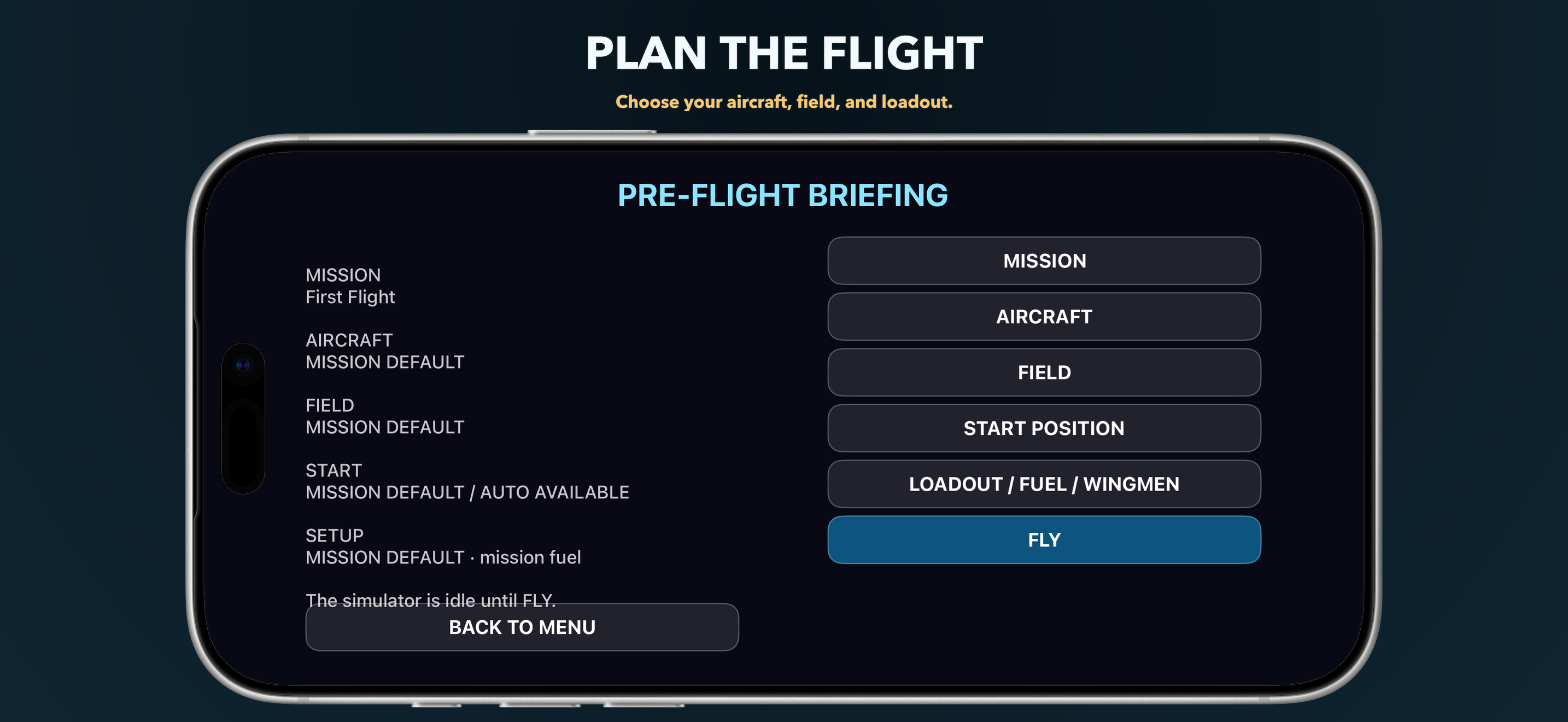 AeroGlide pre-flight briefing showing aircraft, field, and start choices