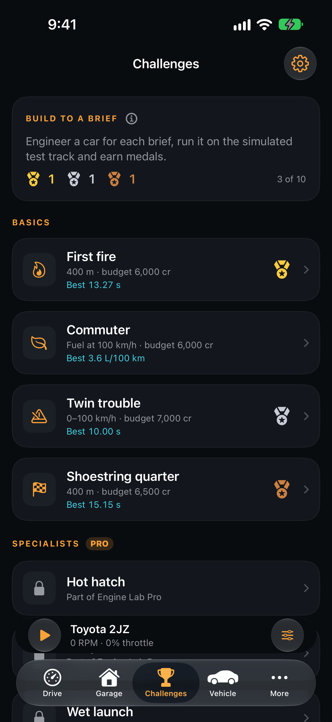 Engine Lab challenge selection screen
