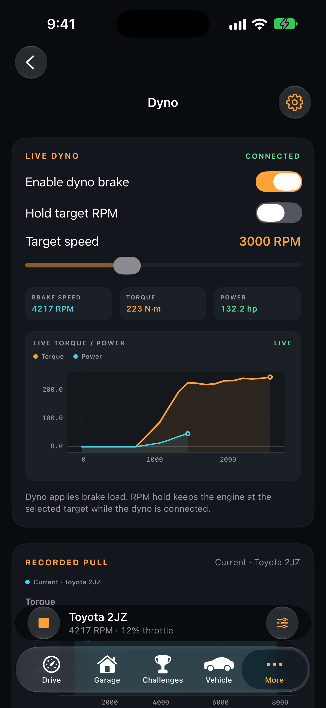 Engine Lab dyno controls and simulated output curves
