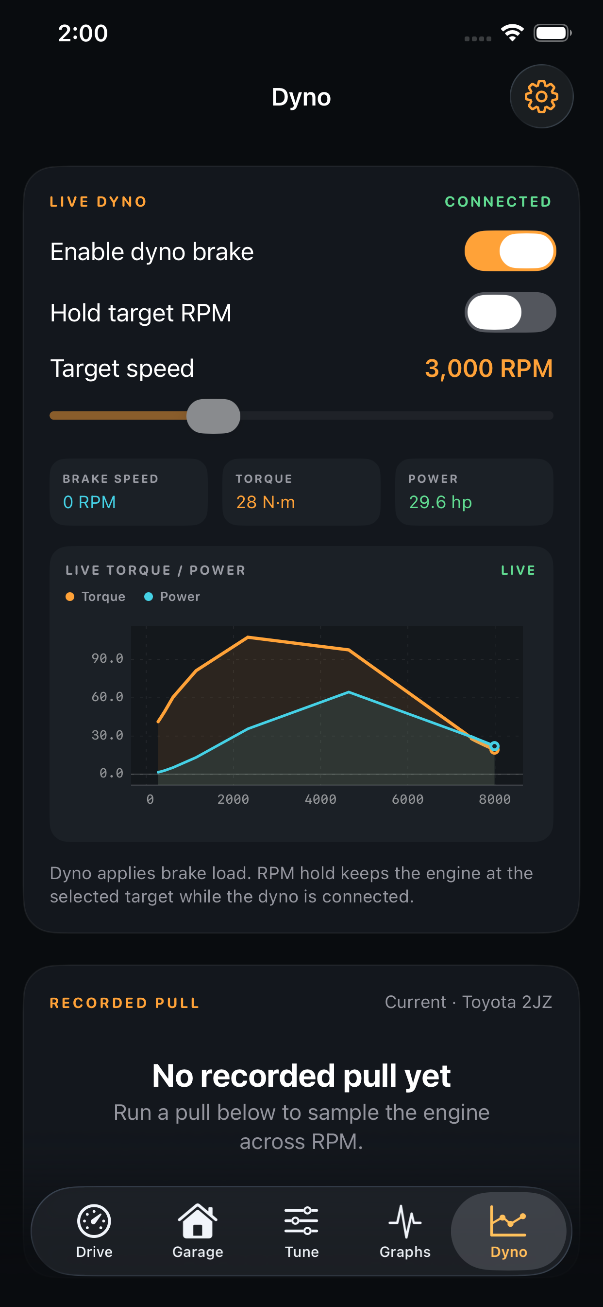 Engine Lab dyno screen showing target RPM, torque, power, and a live curve