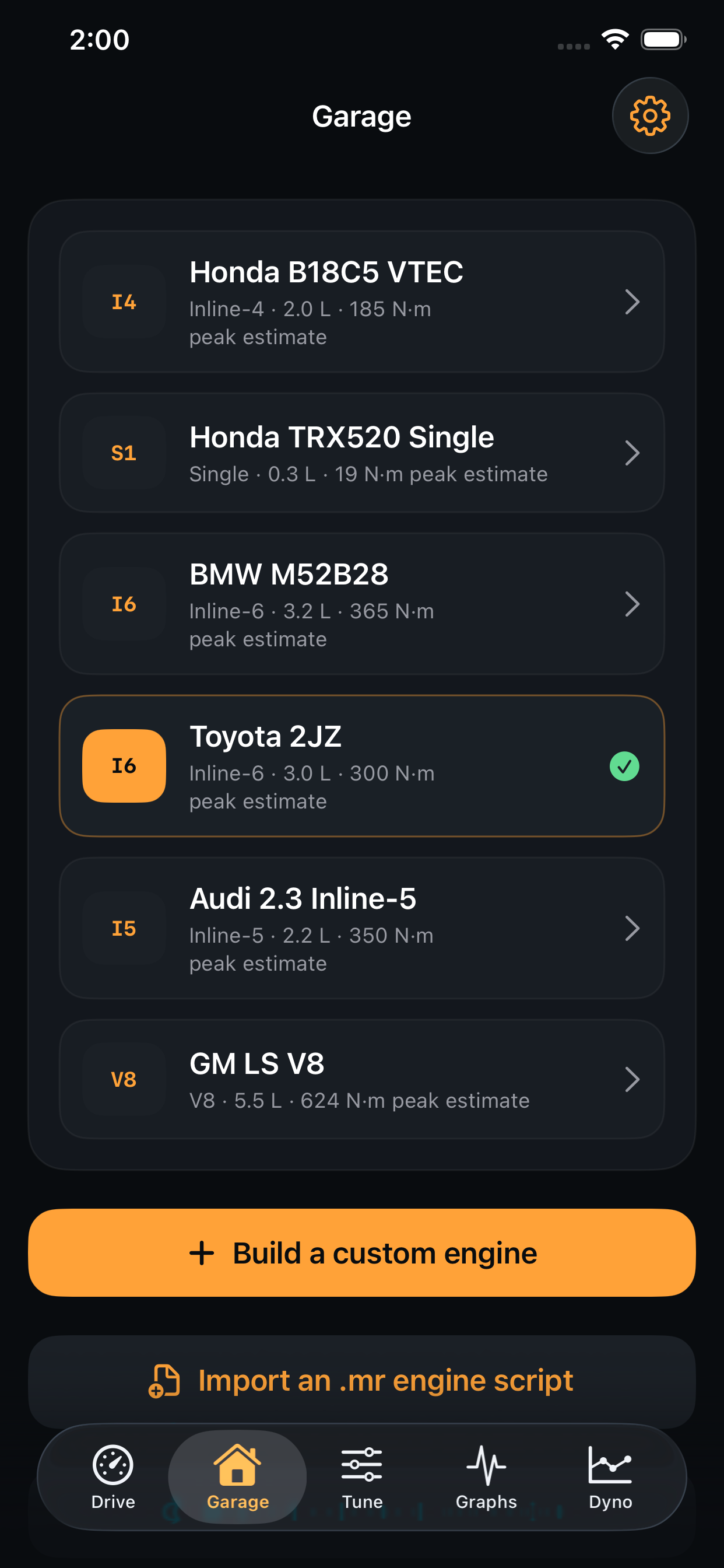 Engine Lab garage showing selectable engines and options to build a custom engine or import a script