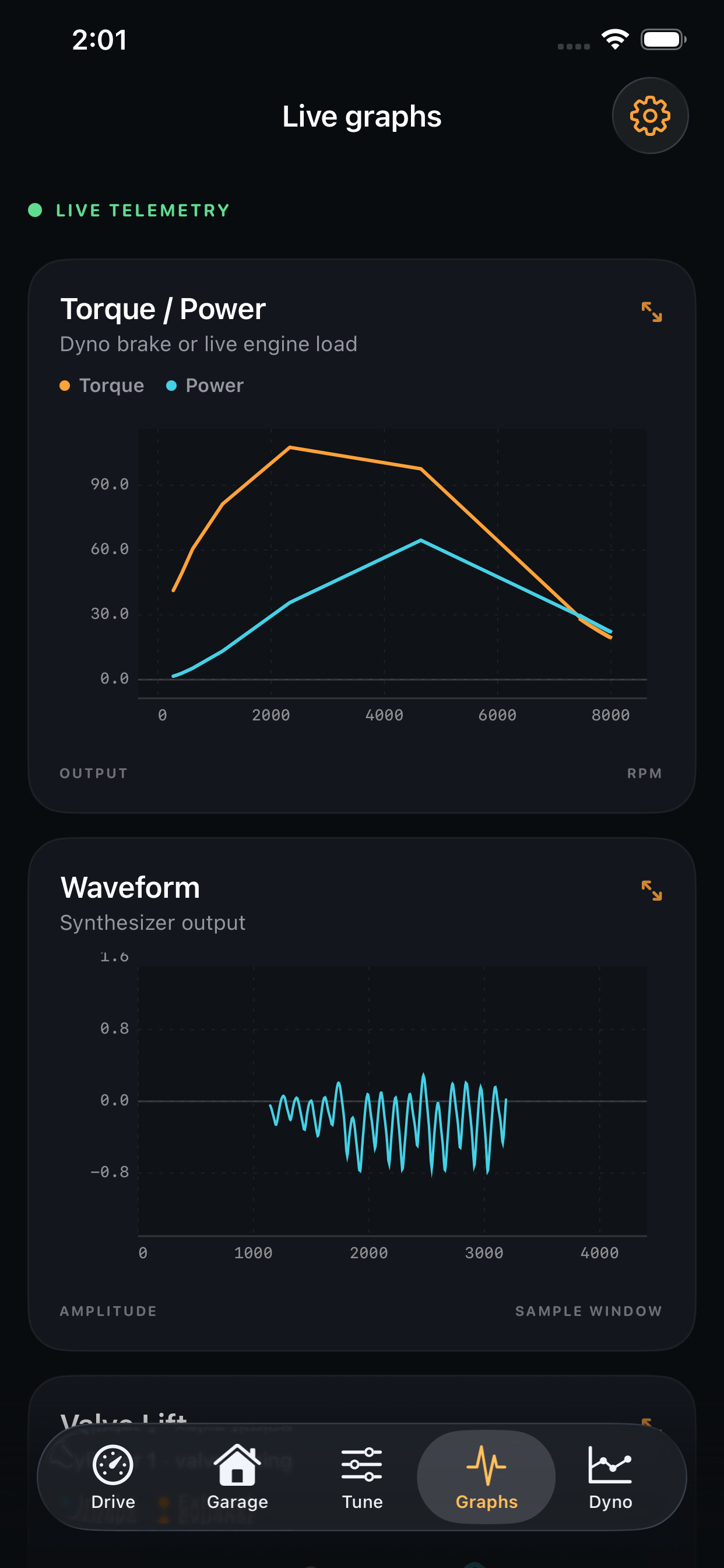 Engine Lab live graphs showing torque, power, and waveform telemetry