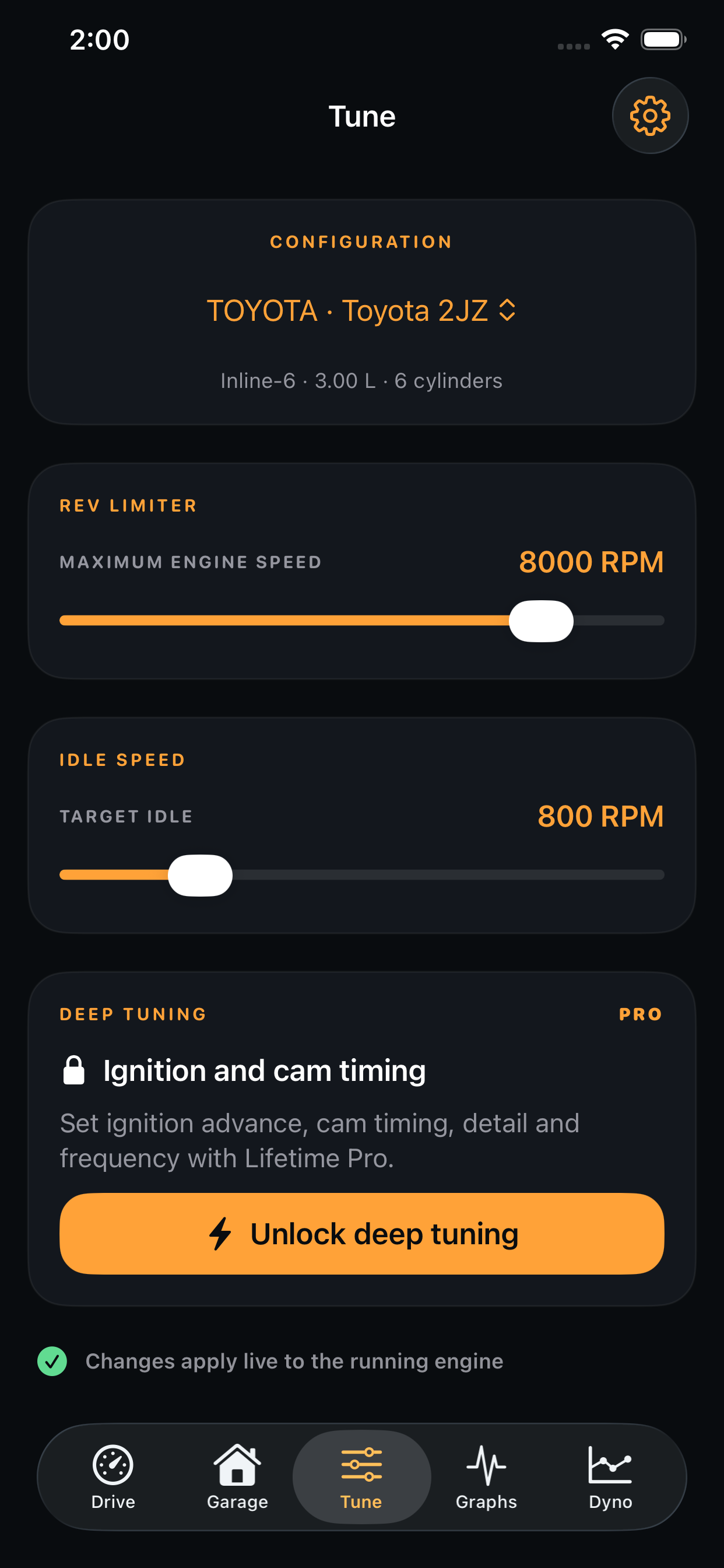 Engine Lab tune screen showing rev limiter, idle speed, and deep tuning controls