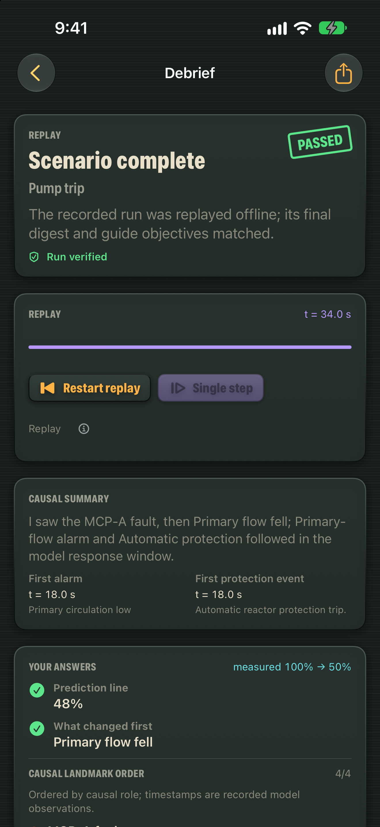 RBMK Lab verified offline replay and causal summary for a pump-trip scenario