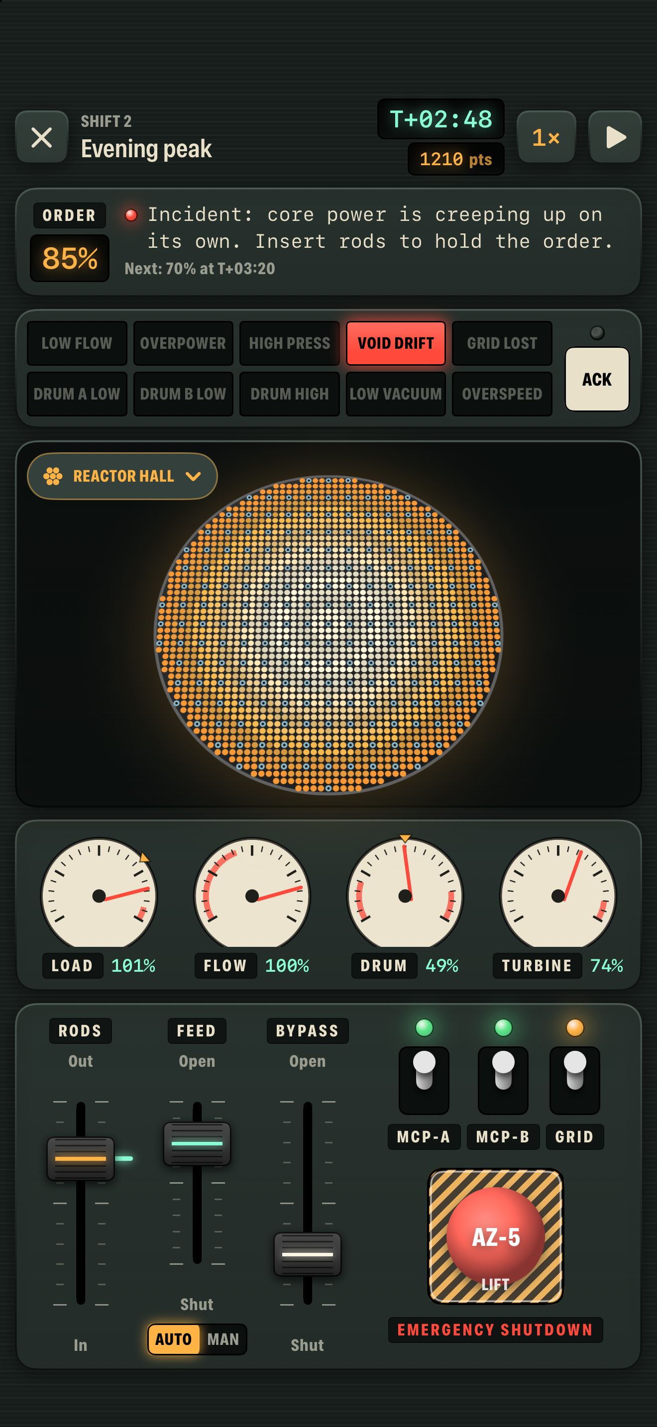 RBMK Lab evening shift with reactor view, alarm panel, gauges, and controls